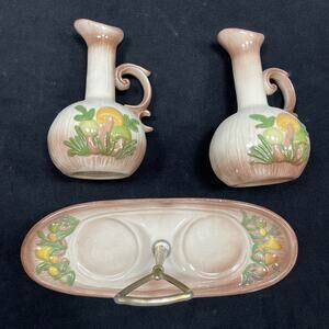 Oil & Vinegar Set Hand Painted Mushrooms by Arners MCM Vintage Ceramic